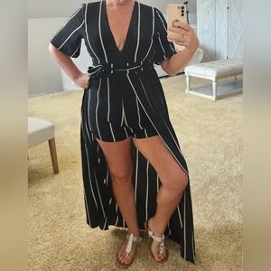 Haute Monda Black and White Stripes Maxi Shorts Romper